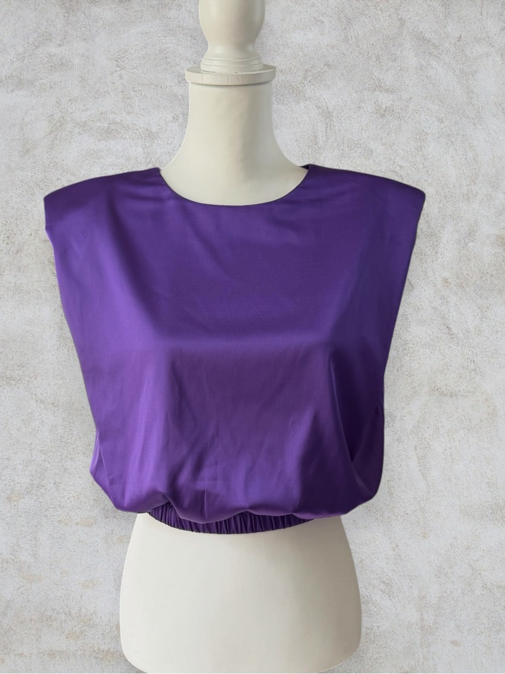 TCEC Purple Satin Padded Shoulder Crop Top M 80s Glam